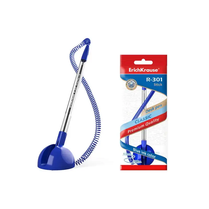 Erichkrause Boligrafo R-301 Desk Pen 1.0 - Punta de 1.0mm - Tinta de Secado Rapido - Cuerpo Hexagonal Transparente - Color Azul