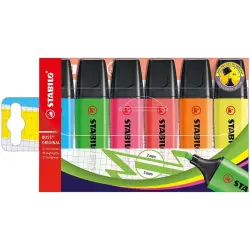 Stabilo Boss 70 Pack de 6 Marcadores Fluorescentes - Trazo entre 2 y 5mm - Recargable - Tinta con Base de Agua - Colores Surtido