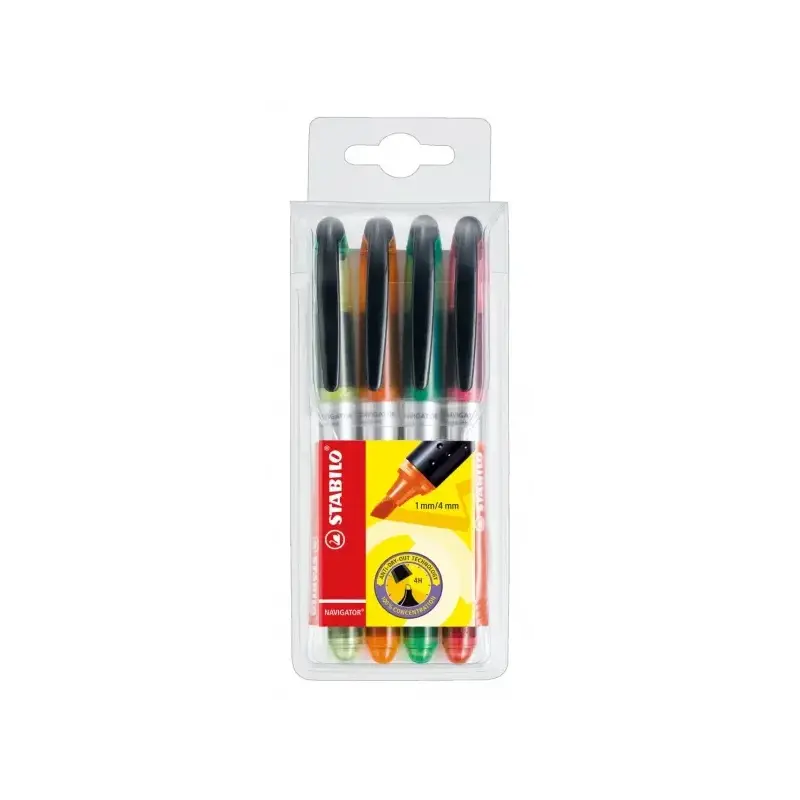 Stabilo Navigator Pack de 4 Marcadores Fluorescentes - Zona de Agarre - Diseño Delgado - Practico Clip para Llevar - Trazo entre
