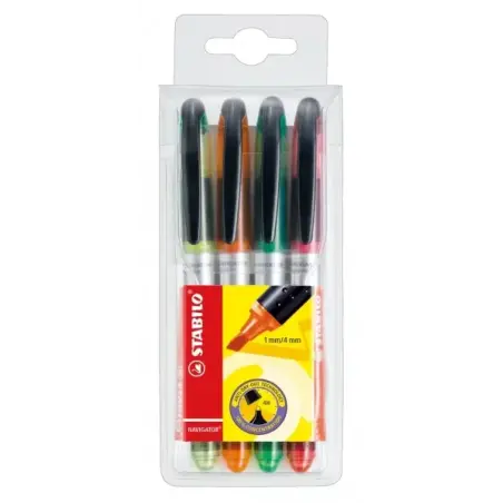 Stabilo Navigator Pack de 4 Marcadores Fluorescentes - Zona de Agarre - Diseño Delgado - Practico Clip para Llevar - Trazo entre