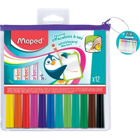 Maped Marker'Peps Pack de 12 Rotuladores para Pizarra Blanca - Punta de Bala 1.5mm - Borrado en Seco - Practica Bolsa con Cremal