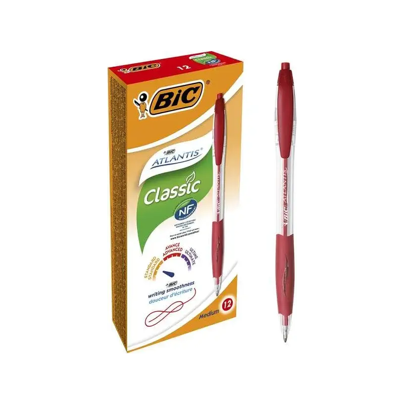 Bic Atlantis Classic Boligrafo Retractil - Punta de 1mm - Cuerpo Transparente con Grip - Color Rojo | Ahorro Imprimiendo