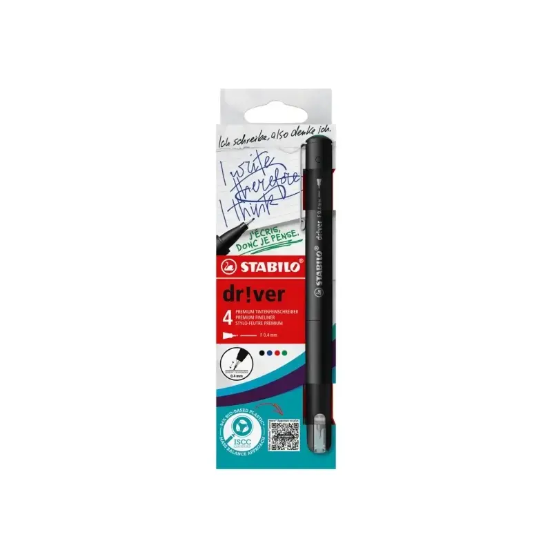 Stabilo Dr!ver Pack de 4 Rotuladores de Punta Fina 0.4mm - Tinta a Prueba de Manchas, Inodora y con Base al Agua - Fabricado con
