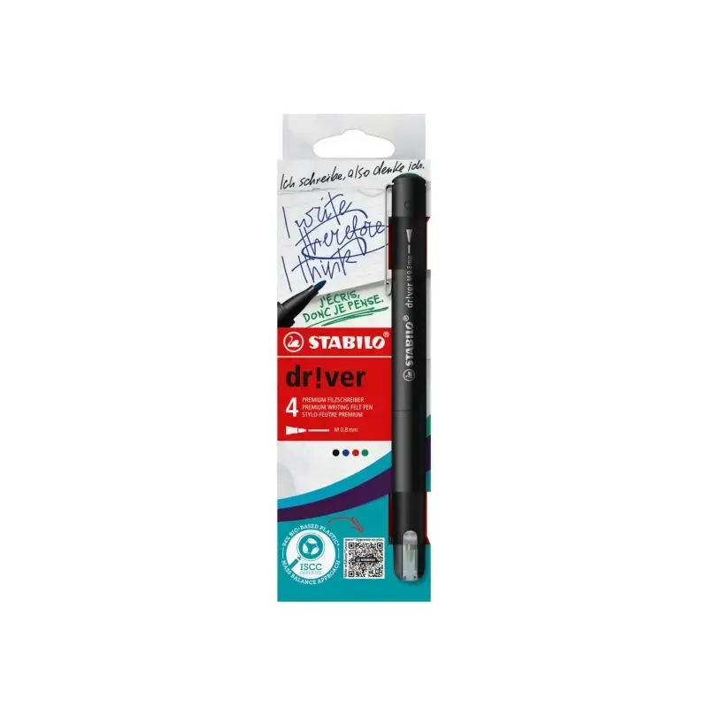 Stabilo Dr!ver Pack de 4 Rotuladores de Punta Media 0.8mm - Tinta a Prueba de Manchas, Inodora y con Base al Agua - Fabricado co