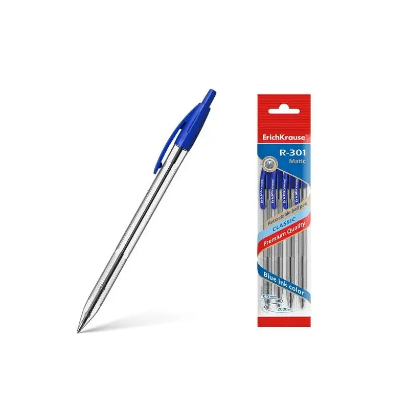 Erichkrause Pack de 4 Boligrafos Automatico R-301 Classic Matic 10 - Punta Estandar de 10mm - Tinta de Secado Rapido - Color Azu