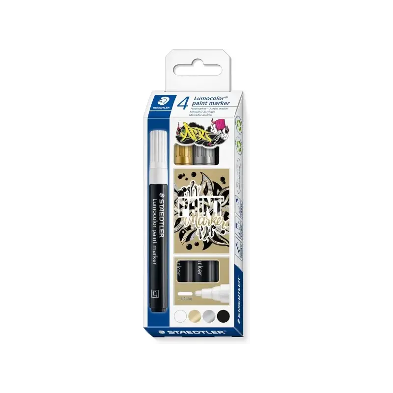 Staedtler Lumocolor 349 Pack con 4 Marcadores Acrilicos Permanentes - Trazo 2.4 mm aprox. - Tinta Base de Agua - Colores Surtido