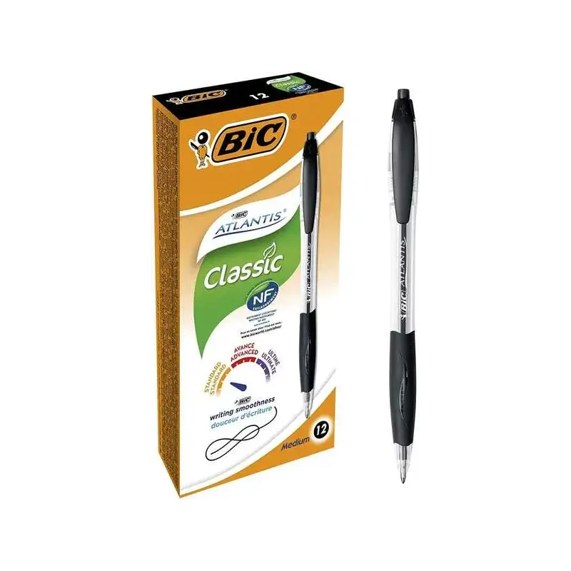Bic Atlantis Classic Boligrafo Retractil - Punta de 1mm - Cuerpo Transparente con Grip - Color Negro | Ahorro Imprimiendo