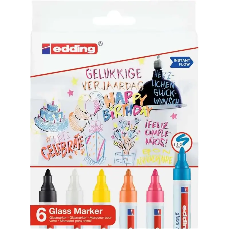 Edding 95 Pack de 6 Rotuladores para Cristal - Punta Redonda - Trazo 1.5-3mm - Colores Blanco, Amarillo, Negro, Naranja, Rosa y