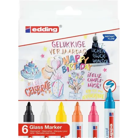 Edding 95 Pack de 6 Rotuladores para Cristal - Punta Redonda - Trazo 1.5-3mm - Colores Blanco, Amarillo, Negro, Naranja, Rosa y