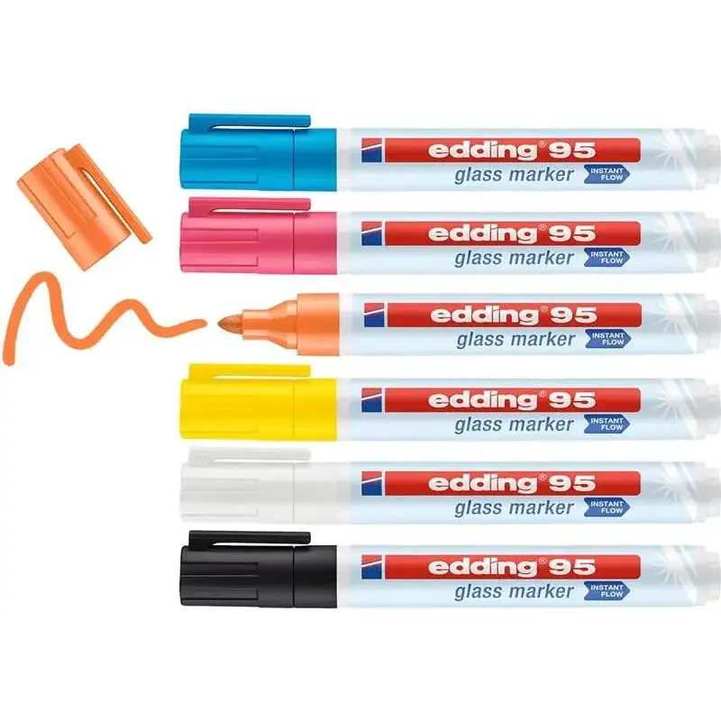 Edding 95 Pack de 6 Rotuladores para Cristal - Punta Redonda - Trazo 1.5-3mm - Colores Blanco, Amarillo, Negro, Naranja, Rosa y