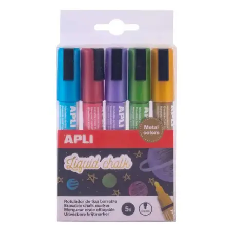 Apli Pack de 5 Rotuladores de Tiza Liquida - Punta Redonda de 5.5mm - Facil de Borrar - Secado Rapido - Base Agua Libre de Toxic
