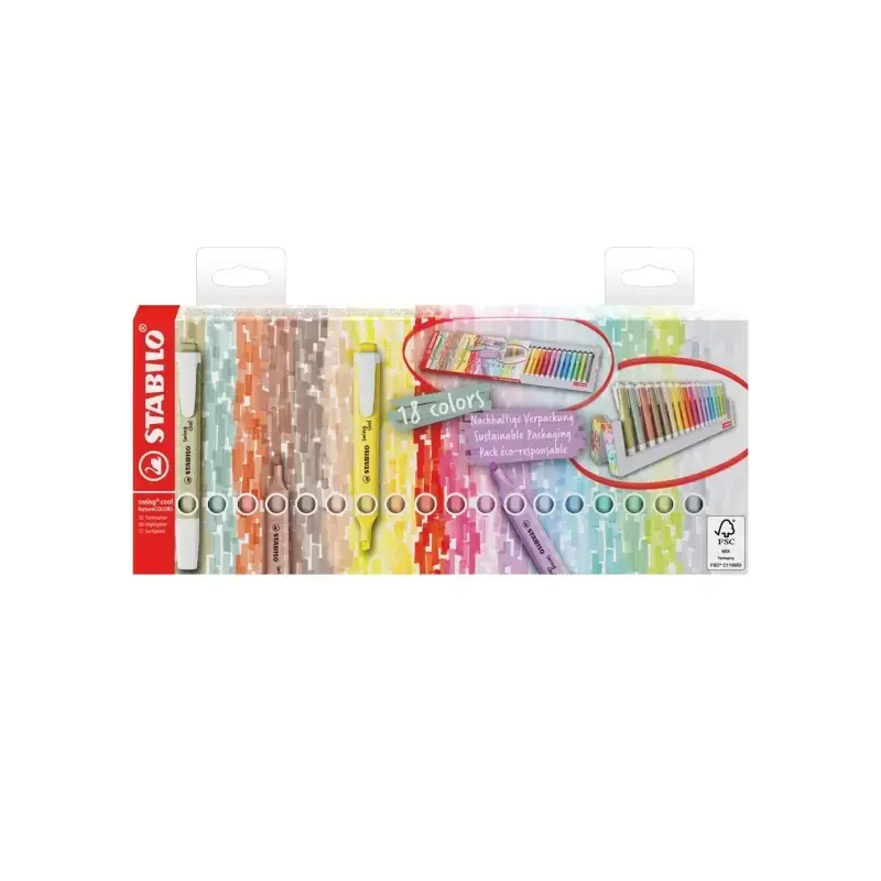Stabilo Swing Cool Set de Mesa de 18 Marcadores Fluorescentes - Cuerpo Plano - Punta Biselada - Trazo entre 1 y 4mm - Tinta con