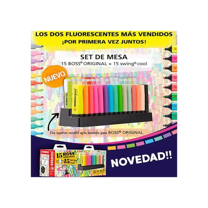 Stabilo Pack de Set de Mesa con 15 Marcadores Stabilo Boss y 15 Marcadores Swing Cool - Tinta con Base de Agua - Colores Surtido