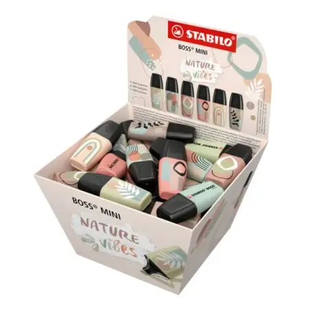 Stabilo Boss Mini Naturevibes Expositor con 50 Marcadores Fluorescentes - Trazo entre 2 y 5mm - Tinta con Base de Agua - Antisec