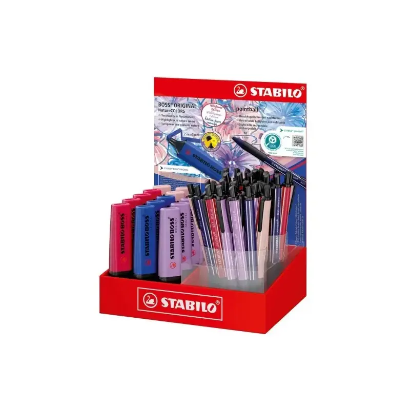 Stabilo Boss Naturecolors Wildflower Expositor con 15 Marcadores Boss + 38 Boligrafos Pointball -Tinta de los Boligrafos Azul -