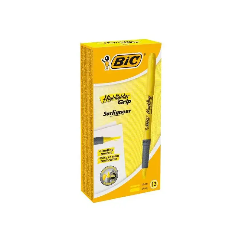 Bic Highlighter Grip Marcador Fluorescente - Tinta con Base de Agua - Punta Biselada - Trazo entre 1.60 y 3.30 mm - Color Amaril