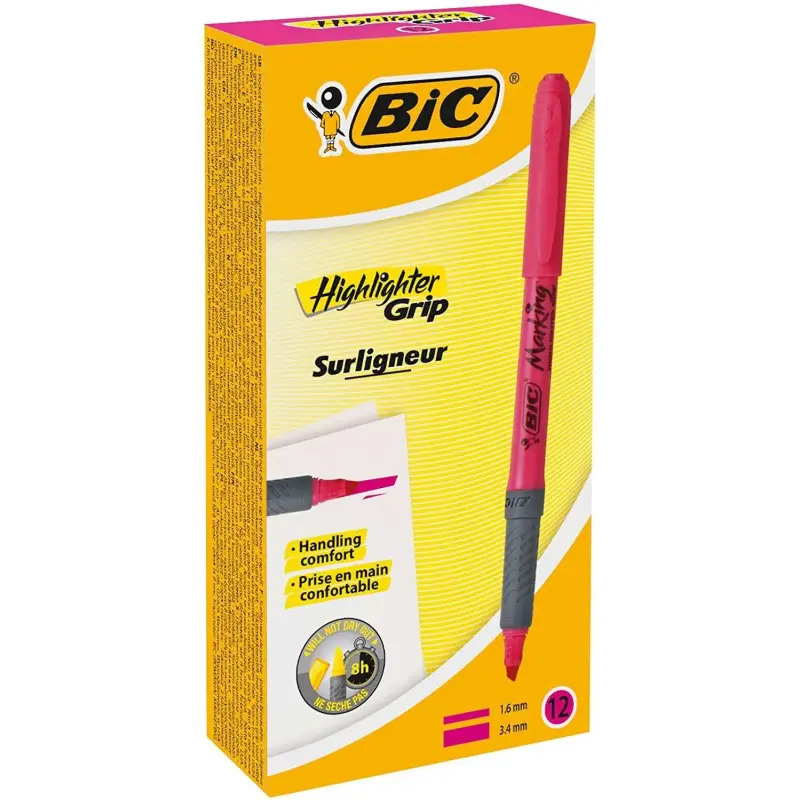 Bic Highlighter Grip Marcador Fluorescente - Tinta con Base de Agua - Punta Biselada - Trazo entre 1.60 y 3.30 mm - Color Rosa |