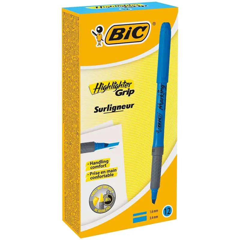 Bic Highlighter Grip Marcador Fluorescente - Tinta con Base de Agua - Punta Biselada - Trazo entre 1.60 y 3.30 mm - Color Azul |