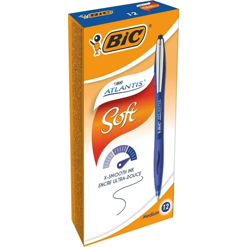 Bic Atlantis Soft Boligrafo Retractil con Clip Metalico - Punta de 1mm - Cuerpo Transparente con Grip - Color Azul | Ahorro Impr