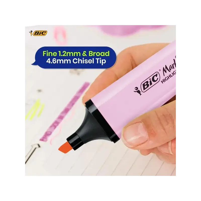 Bic Marking Highlighter Flat Marcador Fluorescente - Punta Biselada - Trazo entre 1.20 y 4.60 mm - Tinta con Base de Agua - Colo