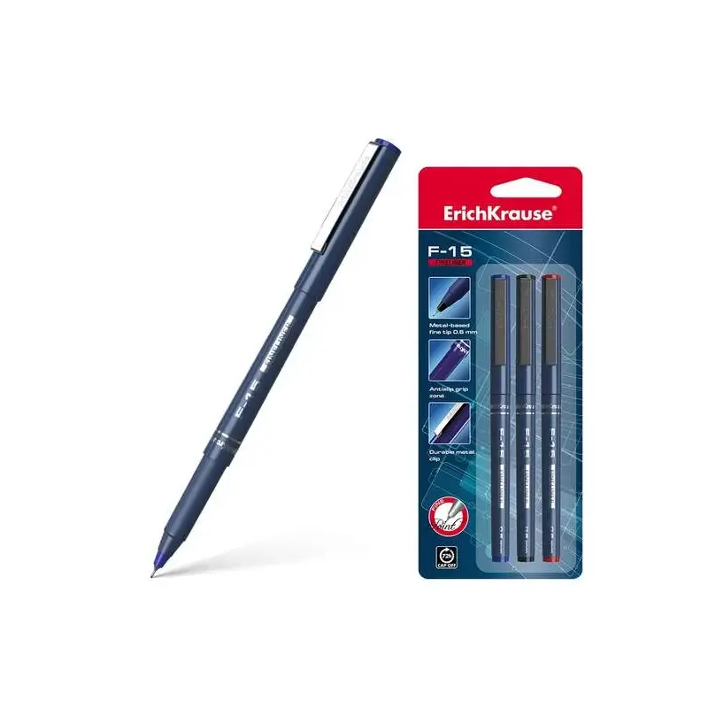 Erichkrause F-15 Pack de 3 Rotuladores Punta Fina - Trazo de 0.6mm - Clip Metalico - Color Negro, Azul y Rojo | Ahorro Imprimien