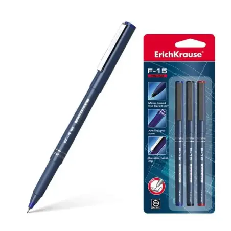Erichkrause F-15 Pack de 3 Rotuladores Punta Fina - Trazo de 0.6mm - Clip Metalico - Color Negro, Azul y Rojo | Ahorro Imprimien