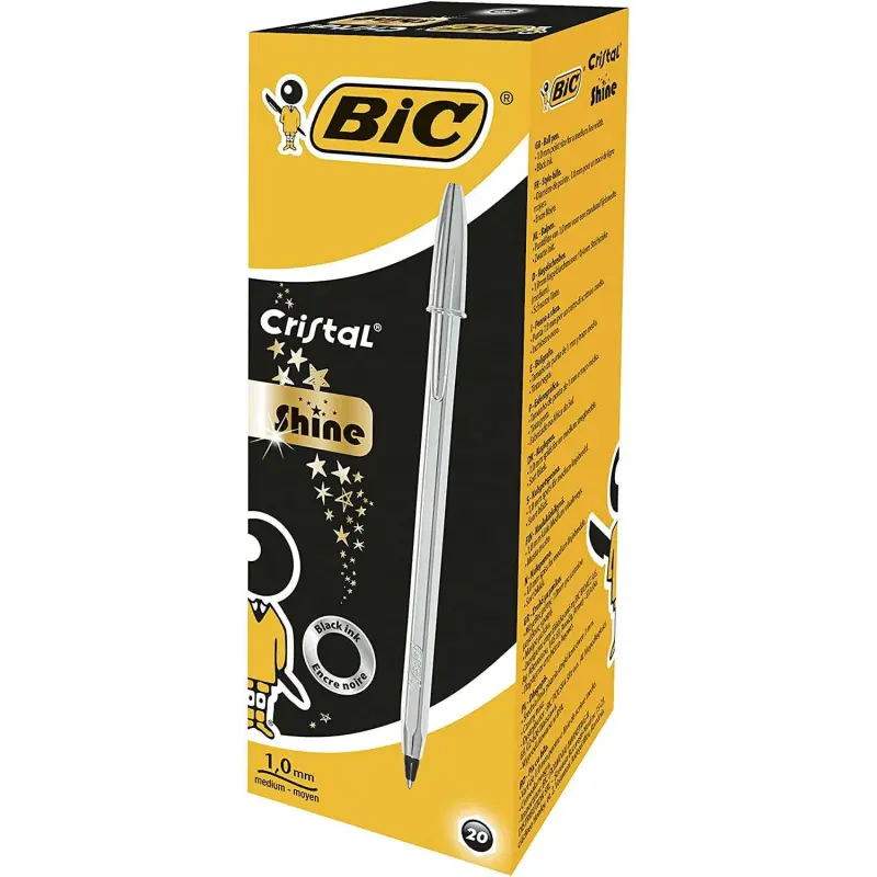 Bic Cristal Shine Boligrafo de Bola - Punta Media de 1.0mm - Tinta con Base de Aceite - Elegante Cuerpo Plateado - Color Negro |