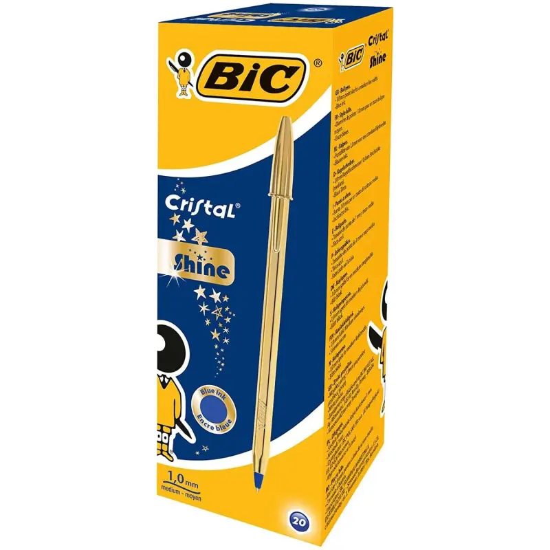 Bic Cristal Shine Boligrafo de Bola - Punta Media de 1.0mm - Tinta con Base de Aceite - Elegante Cuerpo Dorado - Color Azul | Ah