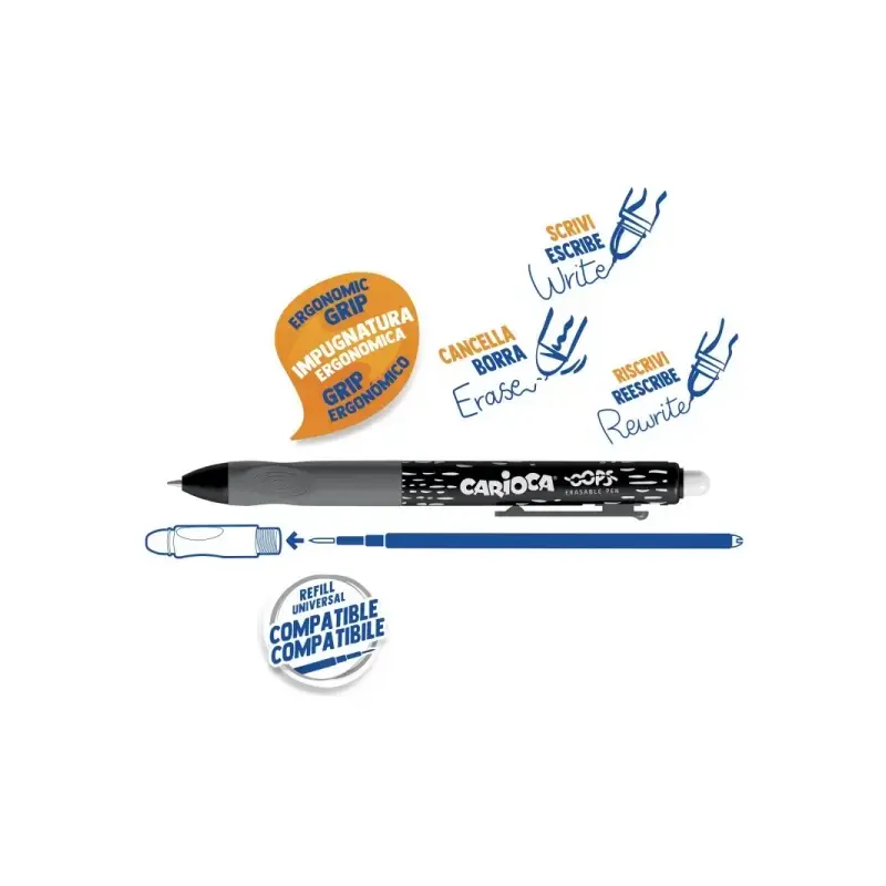 Carioca Oops Boligrafo Borrable Retractil - Tinta Termo Sensible - Empuñadura Ergonomica Triangular - Punta de Ø 0.7mm - Recambi