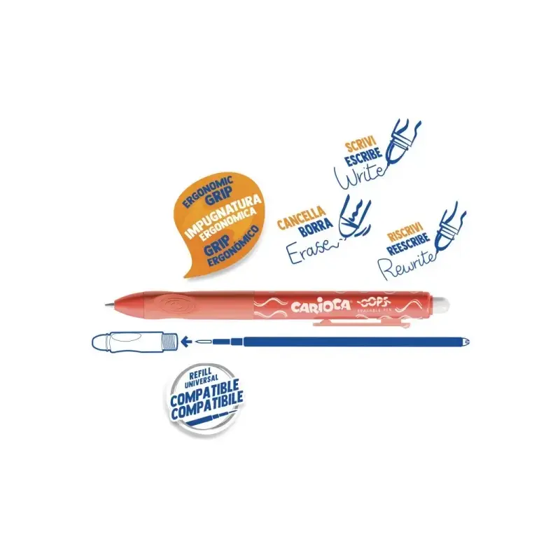 Carioca Oops Boligrafo Borrable Retractil - Tinta Termo Sensible - Empuñadura Ergonomica Triangular - Punta de Ø 0.7mm - Recambi