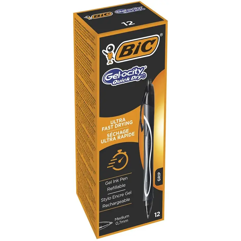 Bic Gel-Ocity Quick Dry Boligrafo de Gel Retractil - Punta Media de 0.7 mm - Tinta de Gel - Anti-Manchas - Secado Ultra Rapido -