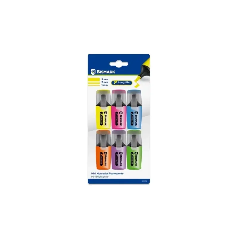 Bismark Long-Life Pack de 6 Mini Marcadores Fluorescentes Neon - Tinta de Secado Rapido - Punta Biselada - Ideal para Subrayar y