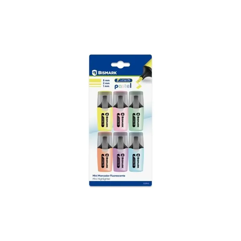 Bismark Long-Life Pack de 6 Mini Marcadores Fluorescentes Pastel - Tinta de Secado Rapido - Punta Biselada - Ideal para Subrayar