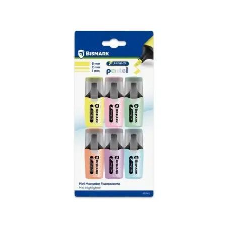 Bismark Long-Life Pack de 6 Mini Marcadores Fluorescentes Pastel - Tinta de Secado Rapido - Punta Biselada - Ideal para Subrayar