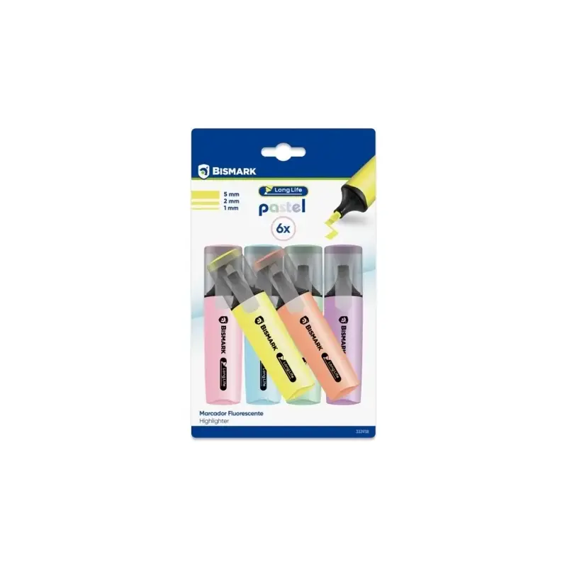 Bismark Long-Life Pack de 6 Marcadores Fluorescente Pastel - Tinta de Secado Rapido - Punta Biselada - Ideal para Subrayar y Res