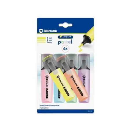 Bismark Long-Life Pack de 6 Marcadores Fluorescente Pastel - Tinta de Secado Rapido - Punta Biselada - Ideal para Subrayar y Res