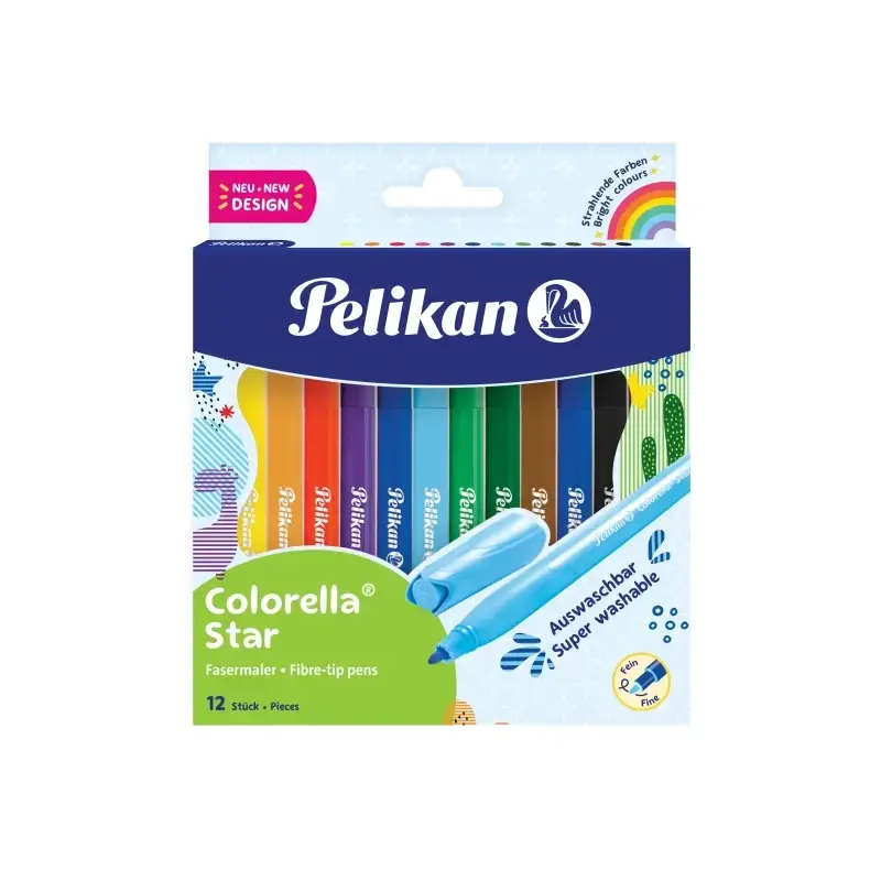 Pelikan Colorella Star Pack de 12 Rotuladores de Colores - Punta Fina - Tinta Lavable - Agarre Ergonomico - Colores vivos Surtid