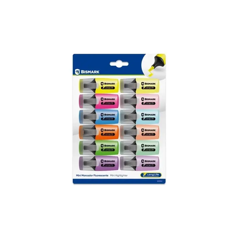 Bismark Long-Life Pack de 12 Mini Marcadores Fluorescentes - 6x Neon y 6x Pastel - Tinta de Secado Rapido - Punta Biselada - Ide