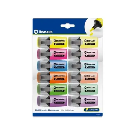 Bismark Long-Life Pack de 12 Mini Marcadores Fluorescentes - 6x Neon y 6x Pastel - Tinta de Secado Rapido - Punta Biselada - Ide