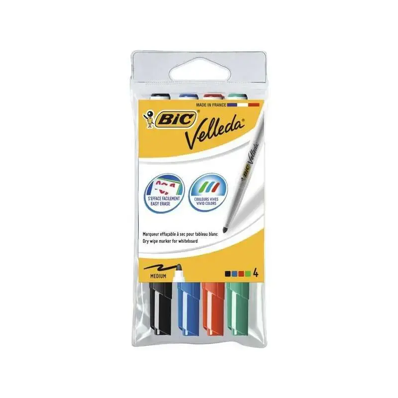 Bic Velleda 1741 Pack de 4 Rotuladores para Pizarra - Punta Media - Trazo de 1.4mm - Borrado Optimo - Colores Surtidos | Ahorro