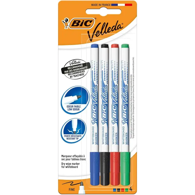 Bic Velleda 1721 Pack de 4 Rotuladores para Pizarra - Punta Fina - Trazo de 1.5mm - Borrado Optimo - Colores Surtidos | Ahorro I