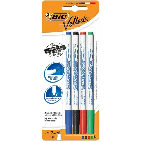 Bic Velleda 1721 Pack de 4 Rotuladores para Pizarra - Punta Fina - Trazo de 1.5mm - Borrado Optimo - Colores Surtidos | Ahorro I