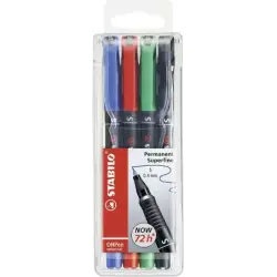 Stabilo OHPen Pack de 4 Rotuladores Permanentes - Punta Superfina - Trazo de 0.4mm - Agarre Antideslizante - Tapon Ventilado - C