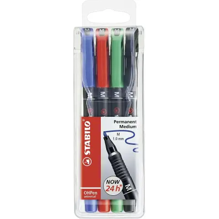 Stabilo OHPen Pack de 4 Rotuladores Permanentes - Punta Media - Trazo de 1mm - Agarre Antideslizante - Tapon Ventilado - Colores