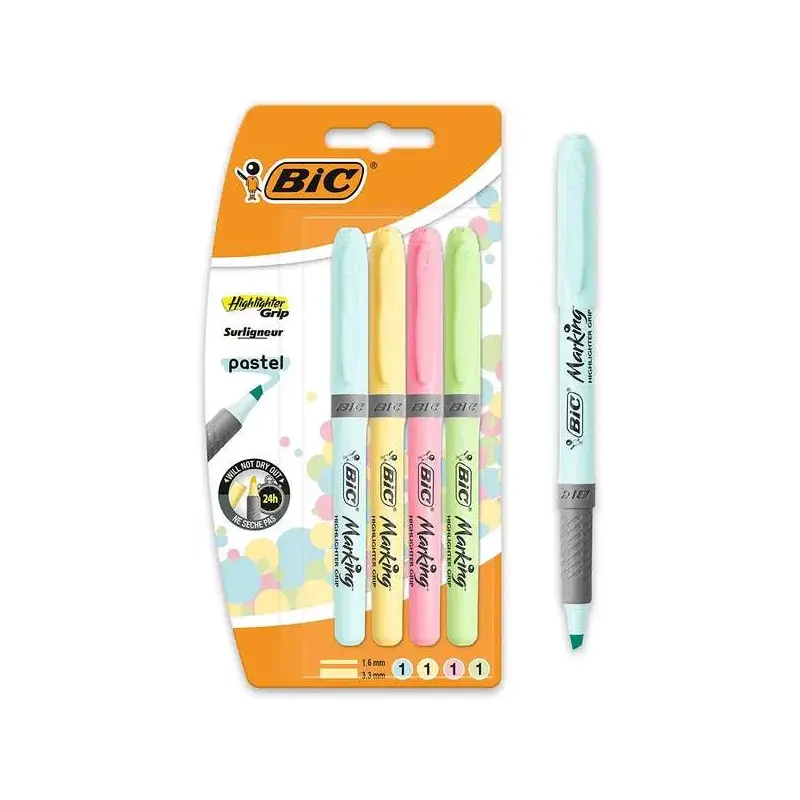Bic Highlighter Grip Pack de 4 Marcadores Fluorescentes Pastel - Tinta con Base de Agua - Punta Biselada - Trazo entre 1.60 y 3.