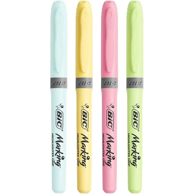 Bic Highlighter Grip Pack de 4 Marcadores Fluorescentes Pastel - Tinta con Base de Agua - Punta Biselada - Trazo entre 1.60 y 3.