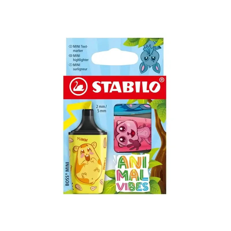 Stabilo Boss Mini Animal Vibes Pack de 3 Mini Marcadores Fluorescentes - Trazo entre 2 y 5mm - Tinta con Base de Agua - Antiseca