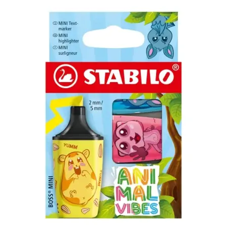 Stabilo Boss Mini Animal Vibes Pack de 3 Mini Marcadores Fluorescentes - Trazo entre 2 y 5mm - Tinta con Base de Agua - Antiseca