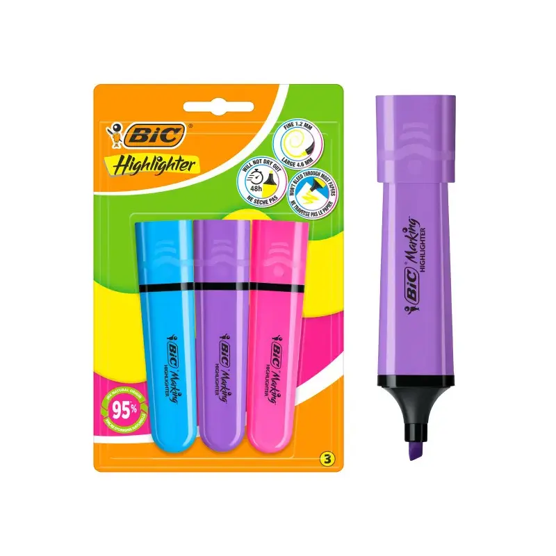 Bic Marking Highlighter Flat Pack de 3 Marcadores Fluorescentes - Punta Biselada - Trazo entre 1.20 y 4.60 mm - Tinta con Base d