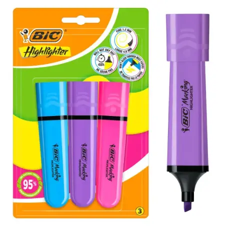 Bic Marking Highlighter Flat Pack de 3 Marcadores Fluorescentes - Punta Biselada - Trazo entre 1.20 y 4.60 mm - Tinta con Base d